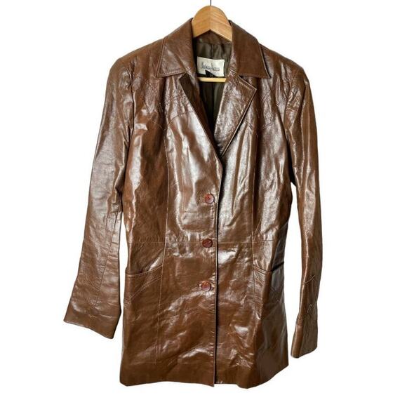 Vintage Neiman Marcus Brown Leather 3 Button Jacket Women's Size M - Picture 1 of 10
